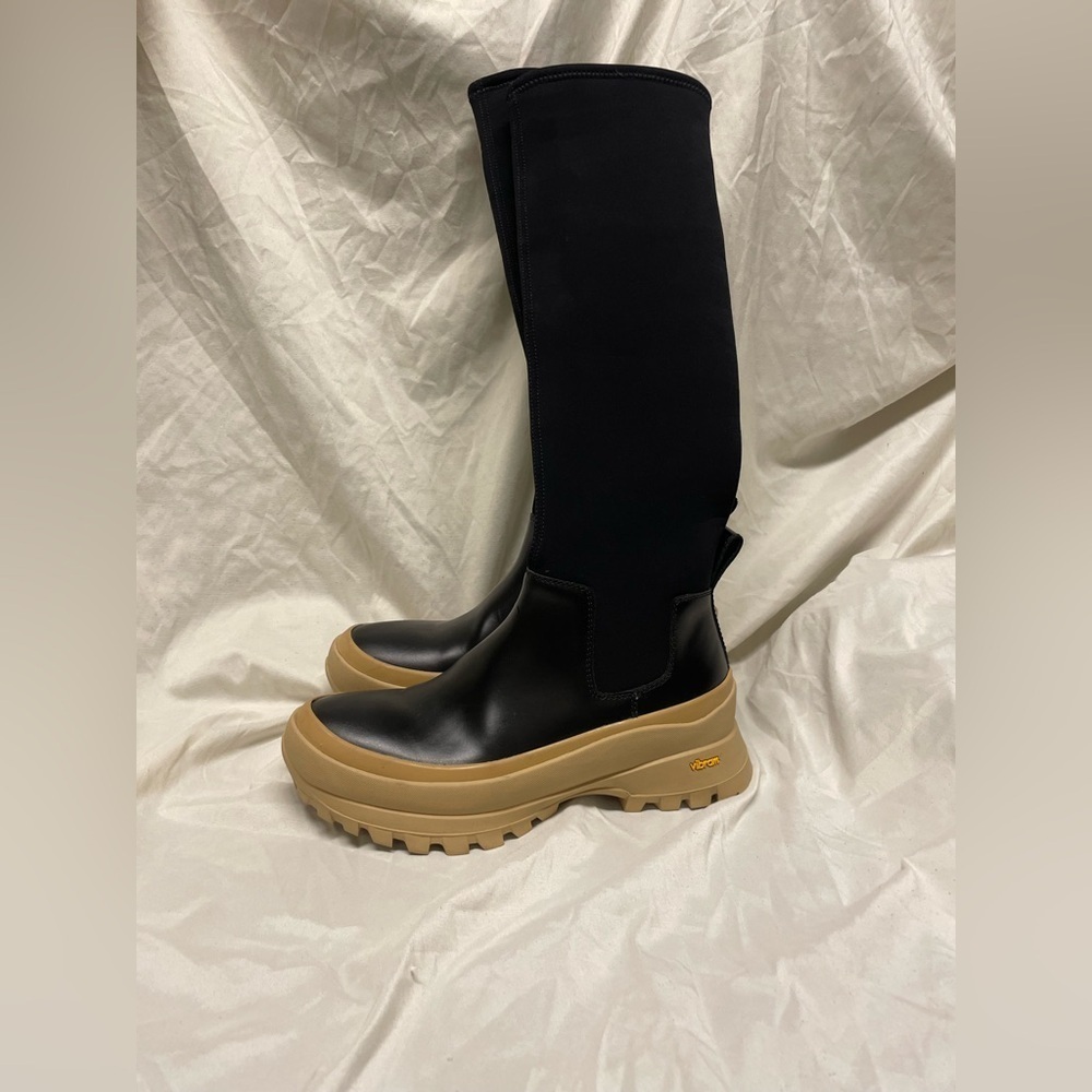 Jill Sander Black and Tan leather and scuba jersey tall Boots 39 US 8.5 Italy - Picture 6 of 11